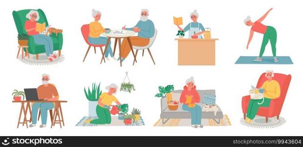 Old people home hobby. Senior men, women and couple work on computer, read, fitness, cook, plant care and knite. Elderly in house vector set. Illustration old elderly grandmother and senior pensioner. Old people home hobby. Senior men, women and couple work on computer, read, fitness, cook, plant care and knite. Elderly in house vector set