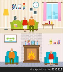 Old People Home Interior Background. Aged Characters, Household Furniture, Pension. Old People Home Interior Background. Aged Characters, Household Furniture, Pension - Illustration Vector