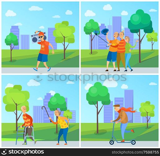 Old people in city vector, person wearing modern clothing listening to music, seniors taking selfie with help of wooden stick, granny yelling at grandpa. Hipster Grandfather with Music Box, Old People