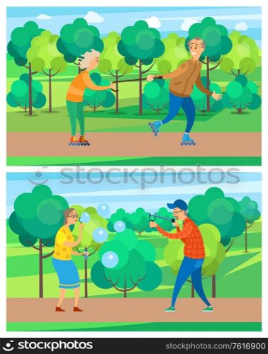 Old people in park, leisure of aged man and woman walking near green trees, blowing bubbles, targeting, rollerblading, grandparents activity vector, funny grandmother and grandfather. Grandparents Activity in Park, Seniors Vector
