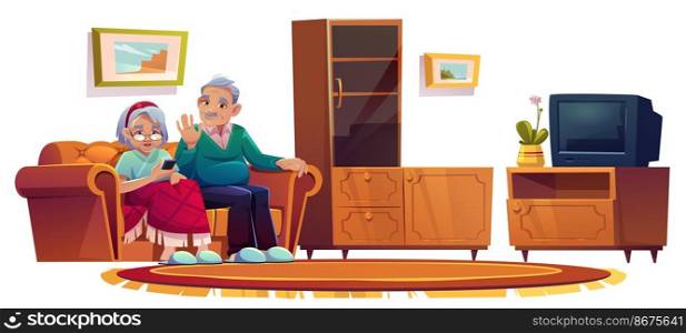 Old people in room in nursing home. Elderly woman calling on mobile phone. Vector cartoon illustration of living room interior in house for retired with sofa, cupboard and tv. Old people in room in nursing home