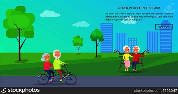 Old people in the park vector banner with happy mature couple riding bike on background of skyscrapers, husband and wife on retirement sit on bench. Old People in Park Vector Banner of Mature Couples