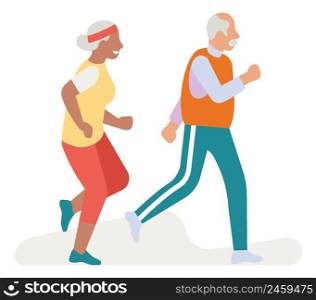 Old people jogging. Man and woman training run isolated on white background. Old people jogging. Man and woman training run