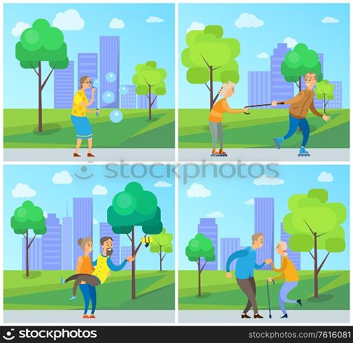 Old people leisure in urban park with skyscrapers view, pensioners man and woman walking outdoor, blowing and skating, dancing and making photo vector. Smiling Pensioners Walking in Urban Park Vector