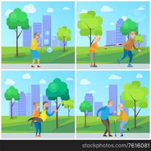 Old people leisure in urban park with skyscrapers view, pensioners man and woman walking outdoor, blowing and skating, dancing and making photo vector. Smiling Pensioners Walking in Urban Park Vector