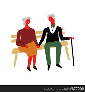 Old people love and romance. Vector faceless elderly husband man with stick holding old woman by hand and sitting on bench happy. Old people love and romance. Vector faceless elderly husband man with stick holding old woman