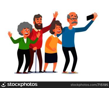 Old people selfie. Senior people taking smartphone photo, happy laughing group of seniors. Aging grandfather and grandmother recreation, senior take selfie cartoon illustration. Old people selfie. Senior people taking smartphone photo, happy laughing group of seniors cartoon illustration