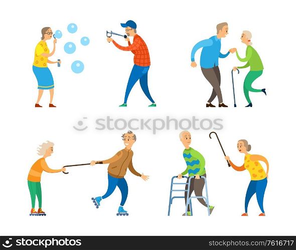 Old people set, aged man and woman blowing, targeting and dancing, walking and rollerblading, grandparents characters in casual clothes, activity vector. Pensioners Activity, Old Man and Woman Set Vector