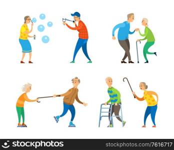 Old people set, aged man and woman blowing, targeting and dancing, walking and rollerblading, grandparents characters in casual clothes, activity vector. Pensioners Activity, Old Man and Woman Set Vector