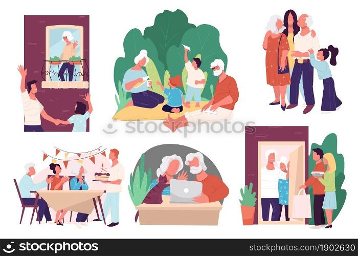 Old people spending time with family and kids. Grandmother and grandfather playing with grandchildren. Children visiting parents, celebrating 75th birthday of grandpa at home. Vector in flat style. Elder people resting spending time with family