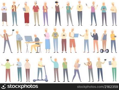 Old people using modern technology icons set cartoon vector. Adult age. Video call. Old people using modern technology icons set cartoon vector. Adult age