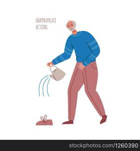 old people with dementia signs and symptoms, aged senior men watering boot - mental problems and inappropriate behavior, Alzheimers or Parkinsons disease, vector isolated person on white. old people with dementia symptoms