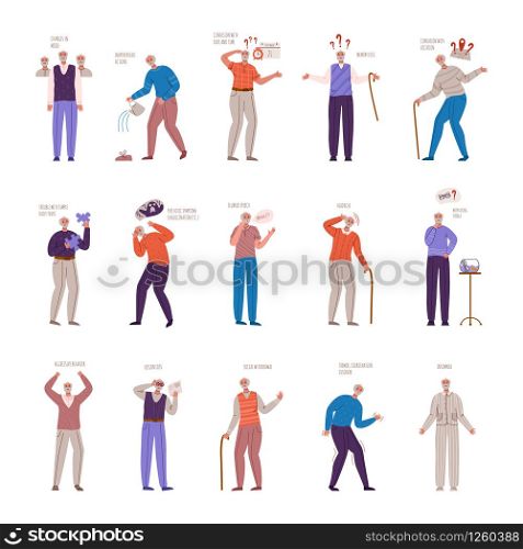 old people with dementia signs and symptoms, aged senior men with mental problems, Alzheimers or Parkinsons disease - memory loss, insomnia, disorientation, headache, slurred speech - vector isolated. old people with dementia symptoms