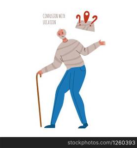 old people with dementia signs and symptoms, confused aged senior men with mental problems, Alzheimers or Parkinsons disease, confusion with location - vector isolated person on white. old people with dementia symptoms