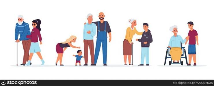 Old people with relatives. Cartoon men and women support senior parents. Cheerful families with children and elderly members. Happy retirement persons raise grandchildren, vector isolated set. Old people with relatives. Cartoon families with kids and elderly members. Cheerful men and women support senior parents. Retirement persons raise grandchildren, vector isolated set