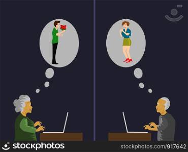 Old people, women and men are posting messages on the computer. The two of them lied about their face and were not old. Has a black background