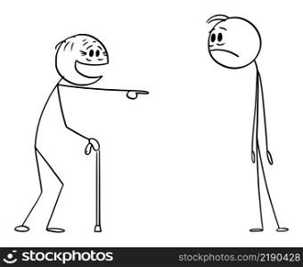 Old person or senior ridiculing or mocking young person, pointing and laughing, vector cartoon stick figure or character illustration.. Senior or Old Person Mocking or Ridiculing Young Person, Laughing and Pointing, Vector Cartoon Stick Figure Illustration