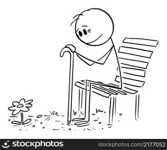 Old person sitting happily on bench in park and watching beautiful blooming flower, vector cartoon stick figure or character illustration.. Old Person Sitting on Park Bench and Looking at Blooming Flower , Vector Cartoon Stick Figure Illustration