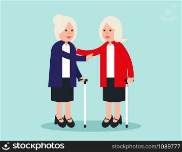 Old person. Two elderly standing and greeting. Concept elderly vector illustration. Design flat character.