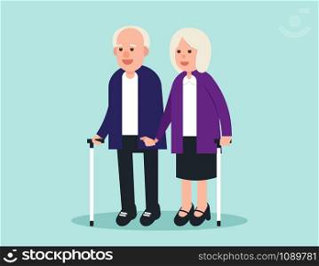 Old person. Two elderly standing and greeting. Concept elderly vector illustration. Design flat character.