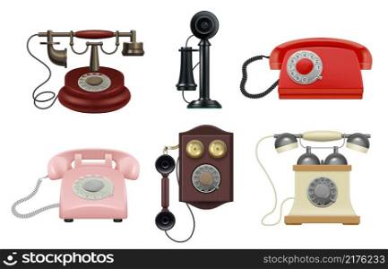 Old phone. Realistic vintage telephones operator items for call center decent vector old style collection. Illustration old-fashioned telephone, phone antique detailed. Old phone. Realistic vintage telephones operator items for call center decent vector old style collection