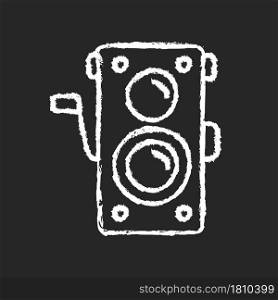 Old photo camera chalk white icon on dark background. Optical instrument for image capturing. Vintage photography. Old-school hand-cranked camera. Isolated vector chalkboard illustration on black. Old photo camera chalk white icon on dark background