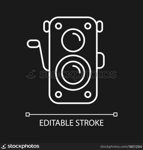 Old photo camera white linear icon for dark theme. Optical instrument for visual image capturing. Thin line customizable illustration. Isolated vector contour symbol for night mode. Editable stroke. Old photo camera white linear icon for dark theme