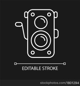 Old photo camera white linear icon for dark theme. Optical instrument for visual image capturing. Thin line customizable illustration. Isolated vector contour symbol for night mode. Editable stroke. Old photo camera white linear icon for dark theme