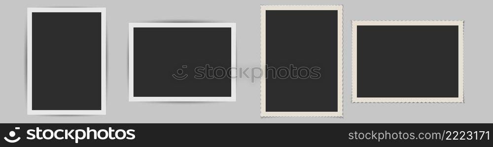 Old photo frame set with shadows. Vertical and horizontal black retro snapshots with straight and carved edge template. 3D realistic vector illustration.. Old photo frame set. 3D realistic vector illustration