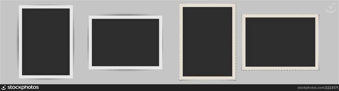 Old photo frame set with shadows. Vertical and horizontal black retro snapshots with straight and carved edge template. 3D realistic vector illustration.. Old photo frame set. 3D realistic vector illustration