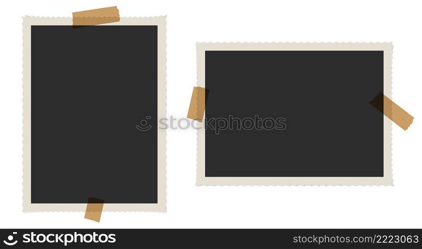 Old photo frames with tape template. Retro 3D snapshot with white frame and sticky tape. 3D realistic vector illustration.. Old photo frames with tape. Retro 3D snapshots with white frame and sticky tape. 3D realistic vector illustration