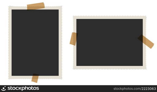 Old photo frames with tape template. Retro 3D snapshot with white frame and sticky tape. 3D realistic vector illustration.. Old photo frames with tape. Retro 3D snapshots with white frame and sticky tape. 3D realistic vector illustration