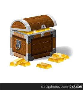Old pirate chest full of gold bars, vector, cartoon style, illustration, isolated. Old pirate chest full of gold bars, vector, cartoon style, illustration, isolated. For games, advertising applications