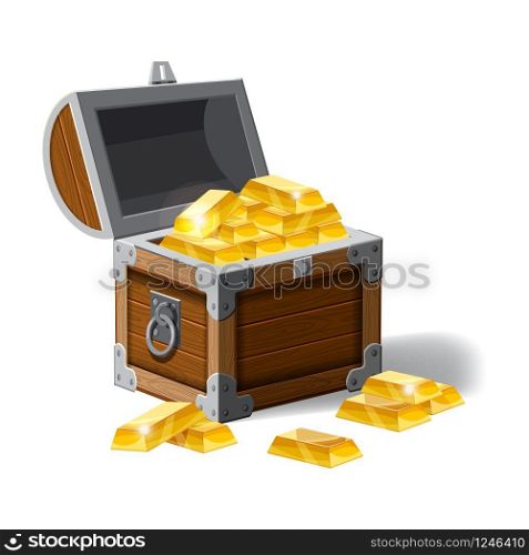 Old pirate chest full of gold bars, vector, cartoon style, illustration, isolated. Old pirate chest full of gold bars, vector, cartoon style, illustration, isolated. For games, advertising applications