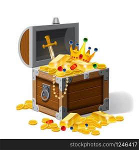 Old pirate chest full of treasures, gold coins, ingots, jewelry, crown, dagger, vector, cartoon style illustration isolated. Old pirate chest full of treasures, gold coins, ingots, jewelry, crown, dagger, vector, cartoon style, illustration, isolated. For games, advertising applications