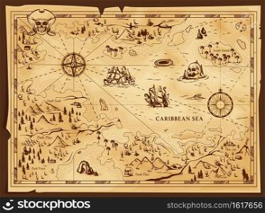 Old pirate map, vector worn parchment with jolly roger in tricorn, caribbean sea, islands and land, wind rose and cardinal points. Vintage grunge paper pirate map, adventure, treasure research game. Old pirate map, vector parchment with jolly roger
