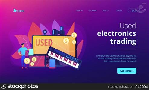 Old portable gadgets sell and buy. Used electronics trading, second hand device purchasing, used electronics market, make your best deal concept. Website homepage landing web page template.. Used electronics trading concept landing page.