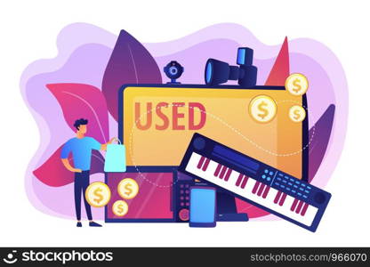 Old portable gadgets sell and buy. Used electronics trading, second hand device purchasing, used electronics market, make your best deal concept. Bright vibrant violet vector isolated illustration. Used electronics trading concept vector illustration.