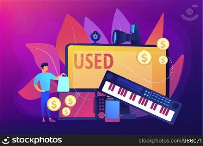 Old portable gadgets sell and buy. Used electronics trading, second hand device purchasing, used electronics market, make your best deal concept. Bright vibrant violet vector isolated illustration
