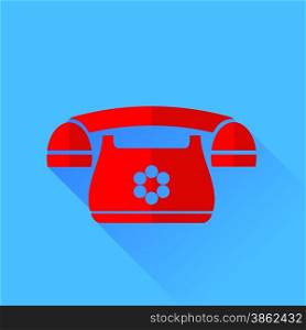 Old Red Phone Isolated on Blue Background. Long Shadow.. Red Phone