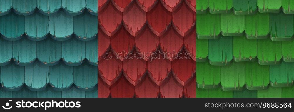 Old roof tile textures, traditional house cover with color wooden tiles. Vector cartoon set of seamless patterns of buildings rooftop structure for game interface. Old roof tile textures, seamless patterns