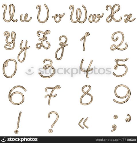 Old rope hand drawn alphabet letters from U to Z and numbers
