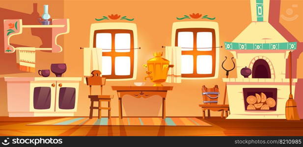 Old rural russian kitchen oven, samovar, table, chair and grip. Vector cartoon interior of traditional ukrainian ancient house with stove, wooden furniture, broom and oil lamp. Old rural russian kitchen oven and samovar