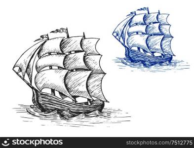 Old sailing ship sketch with billowing sails and flags in stormy waves, for marine adventure or nautical design. Old sailing ship in stormy waves