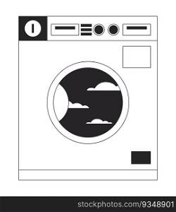 Old school laundromat appliance with cloudy sky line art vector cartoon icon. Editorial, magazine spot illustration black and white. Outline object isolated on white. Editable 2D simple drawing. Old school laundromat appliance with cloudy sky line art vector cartoon icon