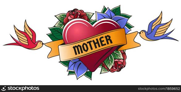 Old school red heart engraving mom tattoo. Vintage tattoo heart, mothers day old school tattoo vector illustration. Heart and flowers mother tattoo. Illustration of old tattoo, rose romantic. Old school red heart engraving mom tattoo. Vintage tattoo heart, mothers day old school tattoo symbol vector illustration. Heart and flowers mother tattoo