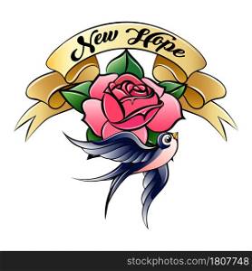 Old-school styled tattoo of a swallow with rose and New Hope banner isolated on white. Vector illustration.