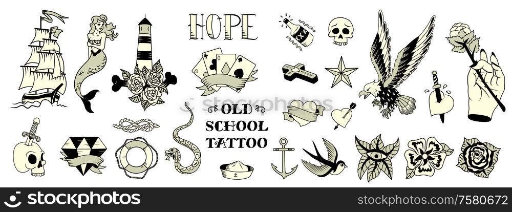 Old school tattoo black white elements set with eagle mermaid rose anchor sailboat skull isolated vector illustration