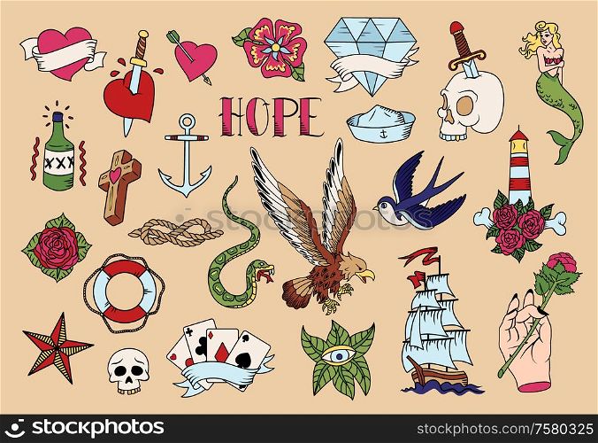 Old school tattoo colored elements symbols icons set with eagle mermaid rose anchor skull isolated vector illustration