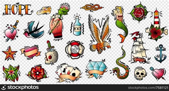 Old school tattoo colorful collection with skull snake sailing ship cross heart hope symbols transparent vector illustration